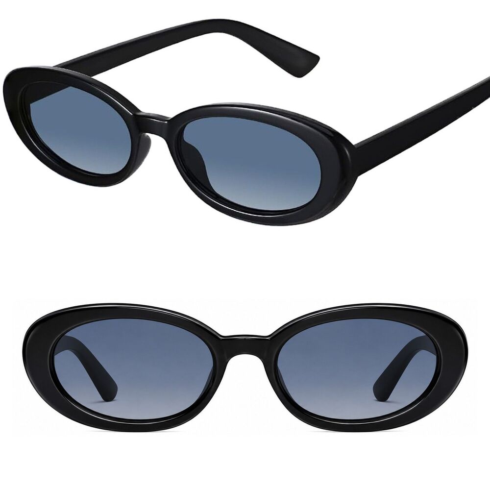 Women's Black Blue Small Oval Cat Eye Retro 90s Lightweight Fashion Sunglasses